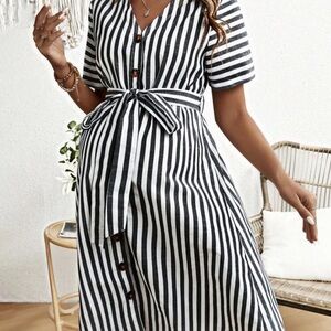 Maternity Black and White Striped Dress with Belt